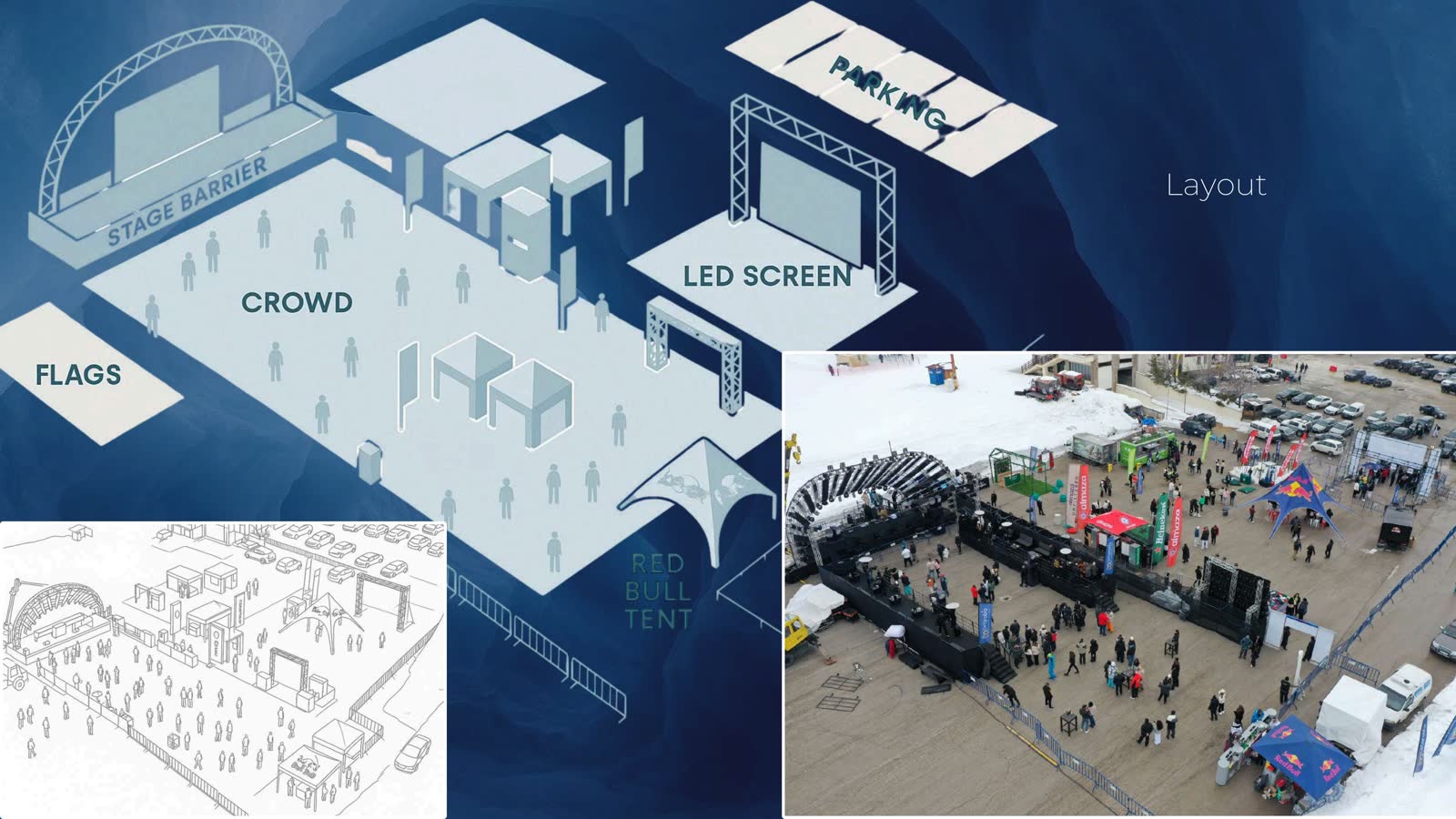 Festival layout — stage, crowd, LED screen and Red Bull tent plan with aerial site photo